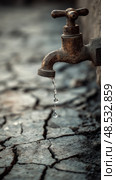 Dripping rusty faucet over parched earth signifying water scarcity and drought. Стоковое AI-изображение, AI-художник Olga Didraga / Фотобанк Лори