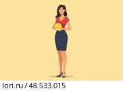 Woman smiling holding big coin with dollar sign. Loans, credits, money transactions. Simple flat illustration. Стоковое AI-изображение, AI-художник Коханова Наталья / Фотобанк Лори
