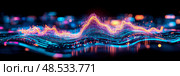 Abstract Digital Waveform: Neon Lightscape Data Visualization. Стоковое AI-изображение, AI-художник Данила Большаков / Фотобанк Лори