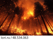 Огненное небо над пылающим лесом ночью. Стоковое AI-изображение, AI-художник Александр Жуков / Фотобанк Лори