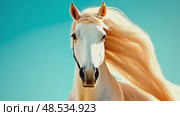 Majestic white horse with flowing mane against sky. Emphasizes beauty, power, and freedom. Стоковое AI-видео, аниматор Данила Большаков / Фотобанк Лори