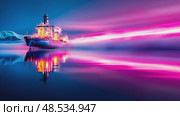 Luminous ships (liner, vessel, freighter) journey on a serene sea at night with snowy mountain backdrops, illuminated by arctic glows and colorful reflections. Стоковое AI-видео, аниматор Данила Большаков / Фотобанк Лори