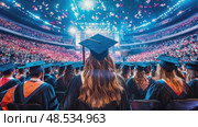 Graduation ceremony: graduates in caps & gowns celebrate achievement, success and future potential. Crowd in arena. Стоковое AI-видео, аниматор Данила Большаков / Фотобанк Лори