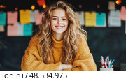 A woman with a radiant smile in a yellow knit sweater is showcased in a series of close-up portraits, conveying joy, warmth, and happiness. Стоковое AI-видео, аниматор Данила Большаков / Фотобанк Лори