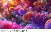 A vibrant close-up showcasing a variety of virus structures with prominent spikes and textures. Стоковое AI-изображение, AI-художник Данила Большаков / Фотобанк Лори