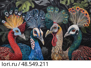 A painting featuring a flock of vibrant peacocks amidst a lush forest setting. Стоковое AI-изображение, AI-художник Данила Большаков / Фотобанк Лори