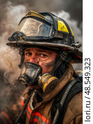A fireman in full gear wearing a red fire helmet is shown exhaling while on duty, ready to respond to emergencies. Стоковое AI-изображение, AI-художник Данила Большаков / Фотобанк Лори