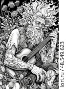 A mystical forest elder with a flowing beard strums a guitar surrounded by lush vegetation. Стоковое AI-изображение, AI-художник Данила Большаков / Фотобанк Лори