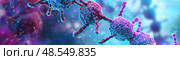 Colorful rendering of antibodies locking onto surface proteins of viruses, representing a key immune system reaction. Стоковое AI-изображение, AI-художник Данила Большаков / Фотобанк Лори