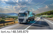 A high-tech self-driving truck with digital connectivity graphics on a country road under blue skies. Стоковое AI-изображение, AI-художник Данила Большаков / Фотобанк Лори