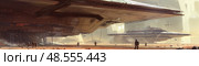 Massive starships tower over figures at a bustling spaceport against the backdrop of a golden-hued sky. Стоковое AI-изображение, AI-художник Данила Большаков / Фотобанк Лори