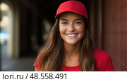backwards red ball cap ai generated. Стоковое AI-изображение, AI-художник Vectorwin / Фотобанк Лори