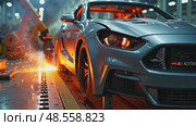 A close-up of robotic arms welding car frames in an automotive factory, sparks flying as orange light reflects off metallic surface. Стоковое AI-видео, аниматор Sergey Grishin / Фотобанк Лори