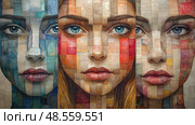 Three distinct faces are artistically constructed using vibrant colors and textures, reflecting individuality and diverse emotional expressions. Стоковое AI-изображение, AI-художник Данила Большаков / Фотобанк Лори