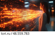 A woman stands mesmerized by a dynamic wall of glowing lights in a contemporary space at dusk. Стоковое AI-изображение, AI-художник Данила Большаков / Фотобанк Лори