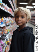 A cheerful boy with blonde hair stands in an aisle filled with assorted candies, exploring the sweet options available. Стоковое AI-изображение, AI-художник Данила Большаков / Фотобанк Лори
