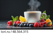 White coffee cup with a blueberry and raspberry on it. Стоковое AI-видео, аниматор Sergey Grishin / Фотобанк Лори