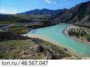 Слияние двух рек- Чуя и Катунь в республике Алтай. Стоковое фото, фотограф Римма Тельнова / Фотобанк Лори