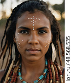 A young Aboriginal Australian woman stands confidently, her striking features highlighted by intricate face paint and vibrant jewelry Generative AI. Стоковое AI-изображение, AI-художник Юлия Петровская / Фотобанк Лори