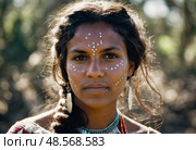 A young Aboriginal Australian woman stands confidently with intricate face markings, adorned with traditional jewelry, surrounded by lush greenery on a sunny day Generative AI. Стоковое AI-изображение, AI-художник Юлия Петровская / Фотобанк Лори