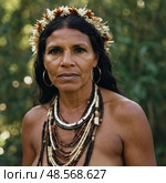 This striking portrait captures a proud Aboriginal Australian woman, showcasing her cultural heritage through intricate jewelry and a beautiful flower crown Generative AI. Стоковое AI-изображение, AI-художник Юлия Петровская / Фотобанк Лори