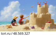 Children building a sandcastle on a beach while crabs gather around at midday during summer. Стоковое AI-изображение, AI-художник Сергей Толмачёв / Фотобанк Лори