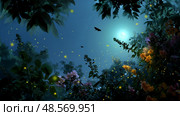 Magical evening in a serene forest filled with glowing fireflies and blooming flowers under a moonlit sky. Стоковое AI-изображение, AI-художник Сергей Толмачёв / Фотобанк Лори