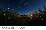 Magical twilight pathway illuminated by fireflies in a cornfield at dusk. Стоковое AI-изображение, AI-художник Сергей Толмачёв / Фотобанк Лори