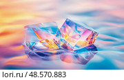 Prismatic Ice Geometry: An iridescent cube cluster, a cooling visual treat for summer promotions and abstract artwork. Стоковое AI-изображение, AI-художник Данила Большаков / Фотобанк Лори