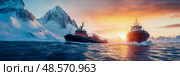 Arctic Navigation: Tugboat Duo Glides Through Glacial Waters at Sunset, A serene seafaring journey near snowy mountain for exploration and transportation. Стоковое AI-изображение, AI-художник Данила Большаков / Фотобанк Лори