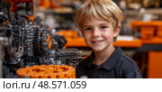 Future Engineer: Boy with machinery parts, envisioning a career in engineering, design for future generation and stem education initiative. Стоковое AI-изображение, AI-художник Данила Большаков / Фотобанк Лори