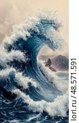 Seascape concept: Majestic cresting ocean surge, coastal beauty, stormy weather, nature power print. Стоковое AI-изображение, AI-художник Данила Большаков / Фотобанк Лори