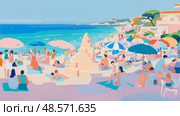 Summer vacation: A vibrant impressionistic beach scene with people enjoying a sunny day by the sea, sandcastle and colorful parasols. Стоковое AI-изображение, AI-художник Данила Большаков / Фотобанк Лори