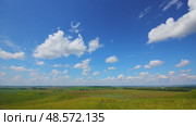 Summer landscape with cloudy sky, view from hill, timelapse, 4k. Стоковое видео, видеограф Михаил Коханчиков / Фотобанк Лори