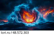 Fiery Portal: swirling vortex of lava and ocean, a powerful depiction of elemental chaos and raw energy. For adventure game promo, or a fantasy novel cover. Стоковое AI-изображение, AI-художник Данила Большаков / Фотобанк Лори
