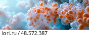 Enchanting Microcosm: A cluster of orange spheres enveloped in shimmering, translucent coatings against a soft, ethereal blue. Стоковое AI-изображение, AI-художник Данила Большаков / Фотобанк Лори