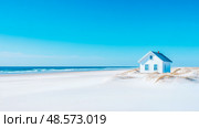 Dreamy beachside cottage escape: A serene coastal haven in soothing tones. Стоковое AI-изображение, AI-художник Данила Большаков / Фотобанк Лори