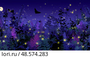 Bat flying over a luminous meadow filled with fireflies during twilight in a tranquil environment. Стоковое AI-изображение, AI-художник Сергей Толмачёв / Фотобанк Лори