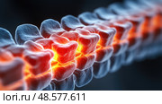 A close-up of the human spine, showcasing individual vertebrae and the spinal cord, illuminated with a vibrant glow for emphasis on anatomy. Стоковое AI-изображение, AI-художник Данила Большаков / Фотобанк Лори