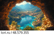 A stunning panoramic vista reveals a calm bay framed by mountains, with boats gently bobbing in the blue waters on a bright day. Стоковое AI-изображение, AI-художник Данила Большаков / Фотобанк Лори