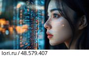 A woman observes city lights and digital data projections outside, reflecting on the fast-paced urban environment at dusk. Стоковое AI-изображение, AI-художник Данила Большаков / Фотобанк Лори
