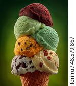 Colorful Ice Cream Cone Stacked With Five Different Flavors Against a Vibrant Green Background. Стоковое AI-изображение, AI-художник Юлия Гапеенко / Фотобанк Лори