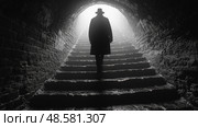 A mysterious silhouette ascends the stone stairs of an underground tunnel, illuminated by a soft, eerie light in the fog. Стоковое AI-изображение, AI-художник Данила Большаков / Фотобанк Лори