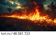 A wildfire spreads rapidly through a tropical area at sunset, with flames illuminating the darkening sky and silhouetting palm trees against the blaze. Стоковое AI-изображение, AI-художник Данила Большаков / Фотобанк Лори
