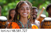 A cheerful young woman wearing colorful attire beams with joy as her friends perform rhythmic drumming during a lively outdoor event. Стоковое AI-изображение, AI-художник Данила Большаков / Фотобанк Лори