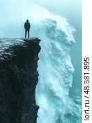 A lone individual gazes at tumultuous waves crashing against a rocky cliff, enveloped by mist on a cool, overcast day. Стоковое AI-изображение, AI-художник Данила Большаков / Фотобанк Лори