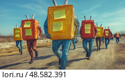 Participants in vibrant box costumes adorned with antennae march down a dirt road, showcasing creativity and fun during a lively parade. Стоковое AI-изображение, AI-художник Данила Большаков / Фотобанк Лори