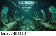 The submerged airplane wreck reveals a haunting interior overrun with marine growth, showcasing nature's reclamation in a serene underwater setting. Стоковое AI-изображение, AI-художник Данила Большаков / Фотобанк Лори