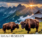 Yak (Cashmere, Mongolian, Tibetan bull) (lat. Bos mutus) is an even-toed ungulate mammal from the genus of true bovines of the Bovidae family. The yak's homeland is Tibet, where it is used as a pack and meat animal. Стоковое AI-изображение, AI-художник Сергей Елизарьев / Фотобанк Лори