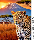 The leopard (Lat. Panthera pardus) is a species of predatory mammals of the cat family, belonging to the subfamily of big cats. The species' range covers Africa and the southern half of Asia. Стоковое AI-изображение, AI-художник Сергей Елизарьев / Фотобанк Лори